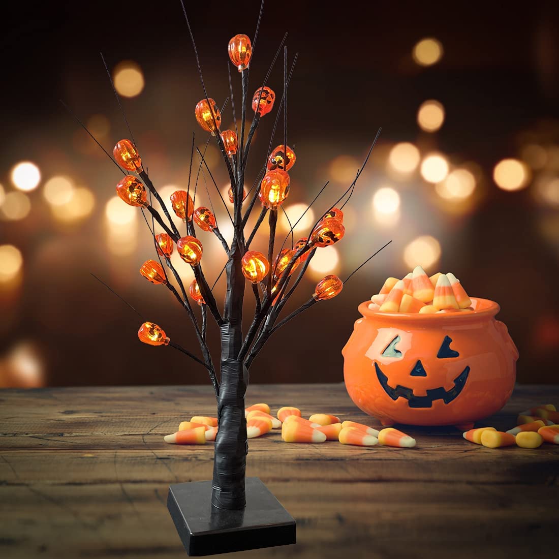 Halloween 24 Orange LED Light Up Pumpkin Tree spooky Party Prop 