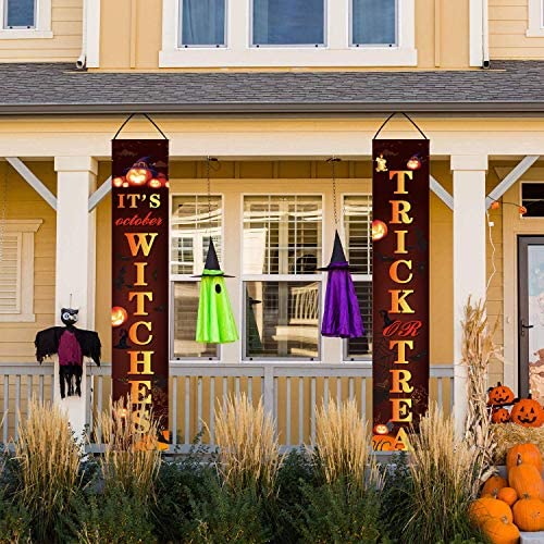 2Pcs Halloween Trick or Treat Banner Set Porch Decor Porch Sign Decorative 