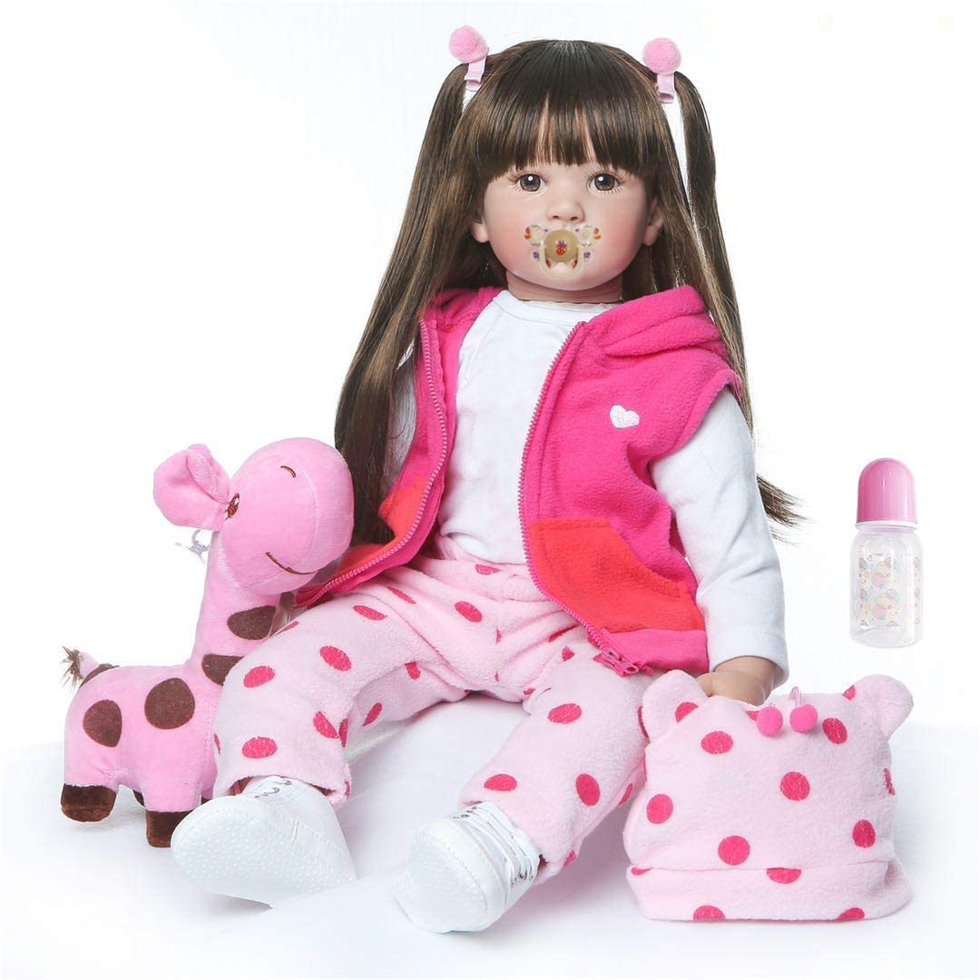 Zero Pam Alive 24 Inch 60cm Reborn Girl Dolls Realistic Caucasian Girl with Pink Clothes and Long Brown Hair 