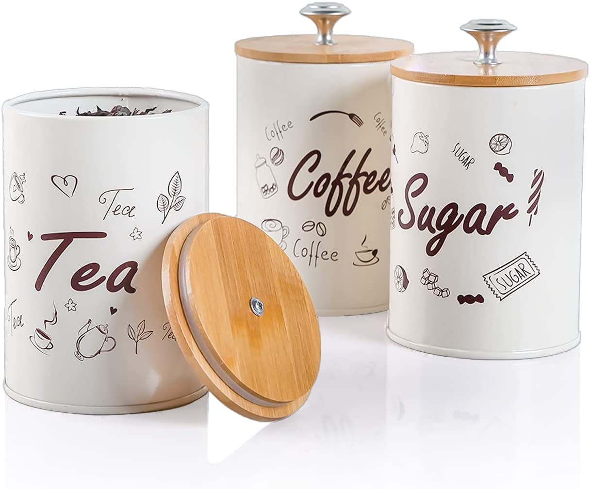 Metal Canisters with Bamboo Lids Set of 3 for Coffee Sugar Tea Kitchen Container Farmhouse Country Decor Jar Large Rustic Decorations Steel Food ...