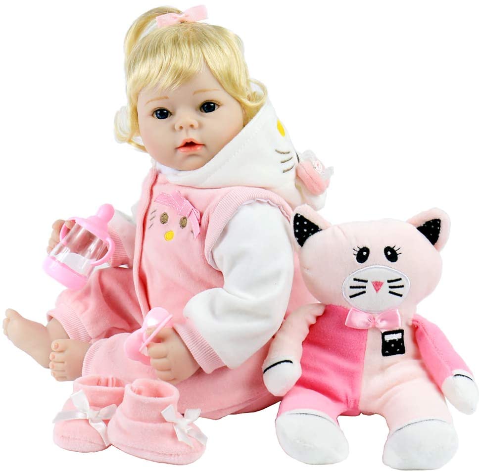 Aori Reborn Baby Doll 22 Inch Realistic Vinyl Baby Girl Dolls with Pink Bear Outfits 