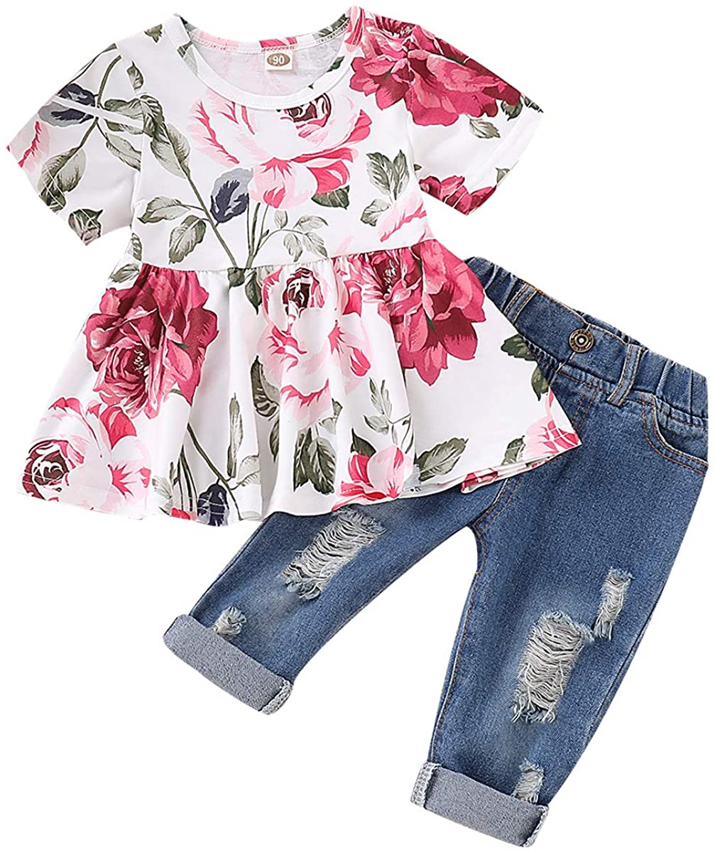 Baby Girl Clothes 2PCS Ruffle Outfits Short Sleeve Shirt Tops+Floral Denim Pants Ripped Jeans for Girls 1-4T 