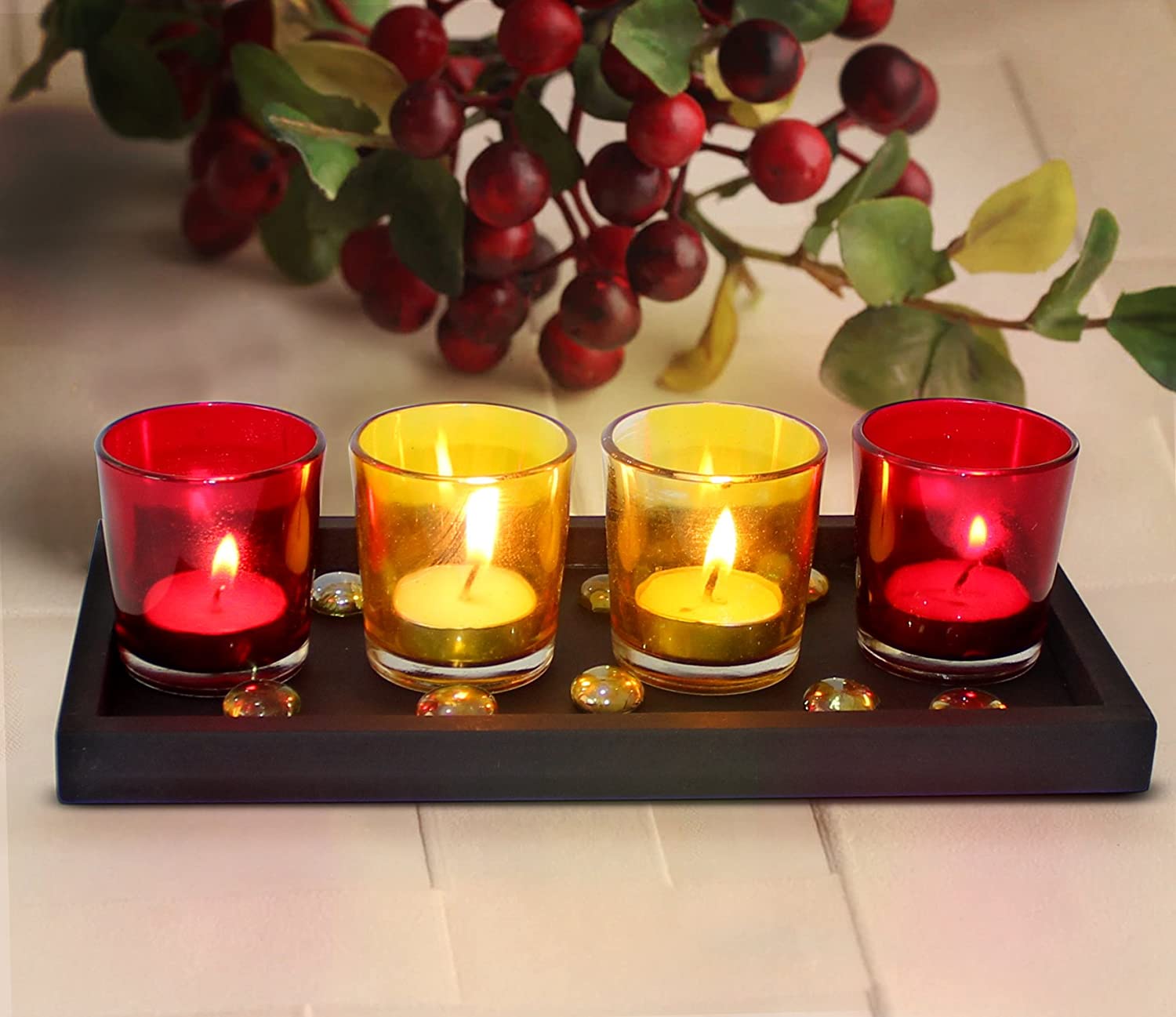Set Of 4 Glass Tealight Candle Holders With Long Wooden Display Tray Home Décor 