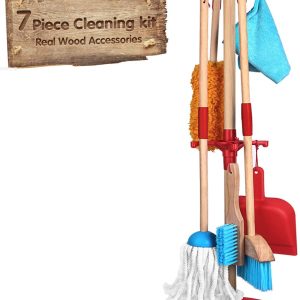 Wooden Detachable Toy Cleaning Set Includes Kid-Sized with Housekeeping Broom Dustpan Mop Kids Cleaning Set 7 Piece Rag Brush Duster and Organizing Stand for Toy Kitchen Toddler Cleaning Set 