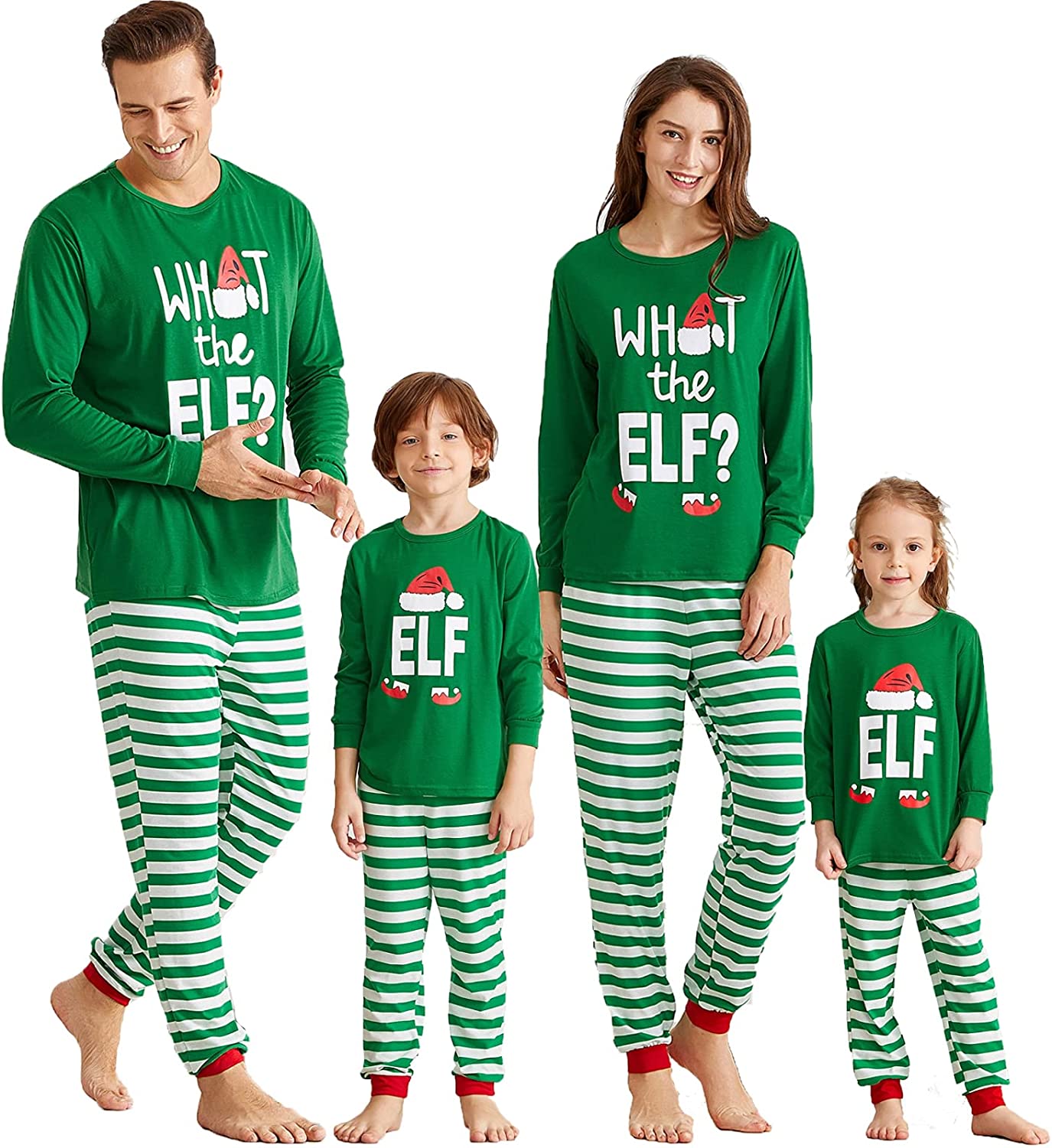 IFFEI Matching Family Christmas Pajamas Sets ELF Tee and Striped Bottom PJ's 