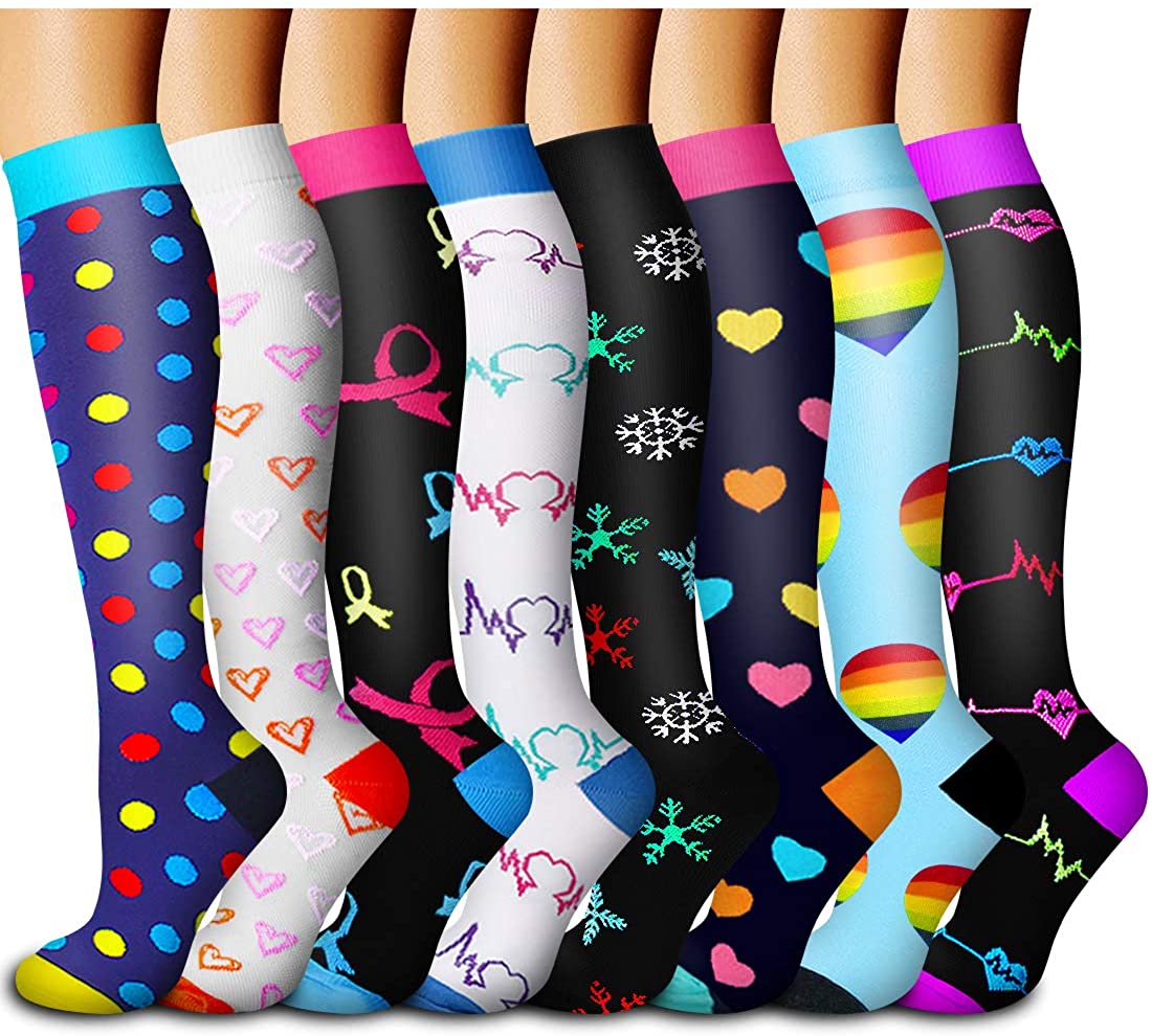 Travel Christmas Pregnancy 6 Pair Compression Socks for Women & Men Knee High Compression Socks 15-20 mmHg for Nurses L/XL 