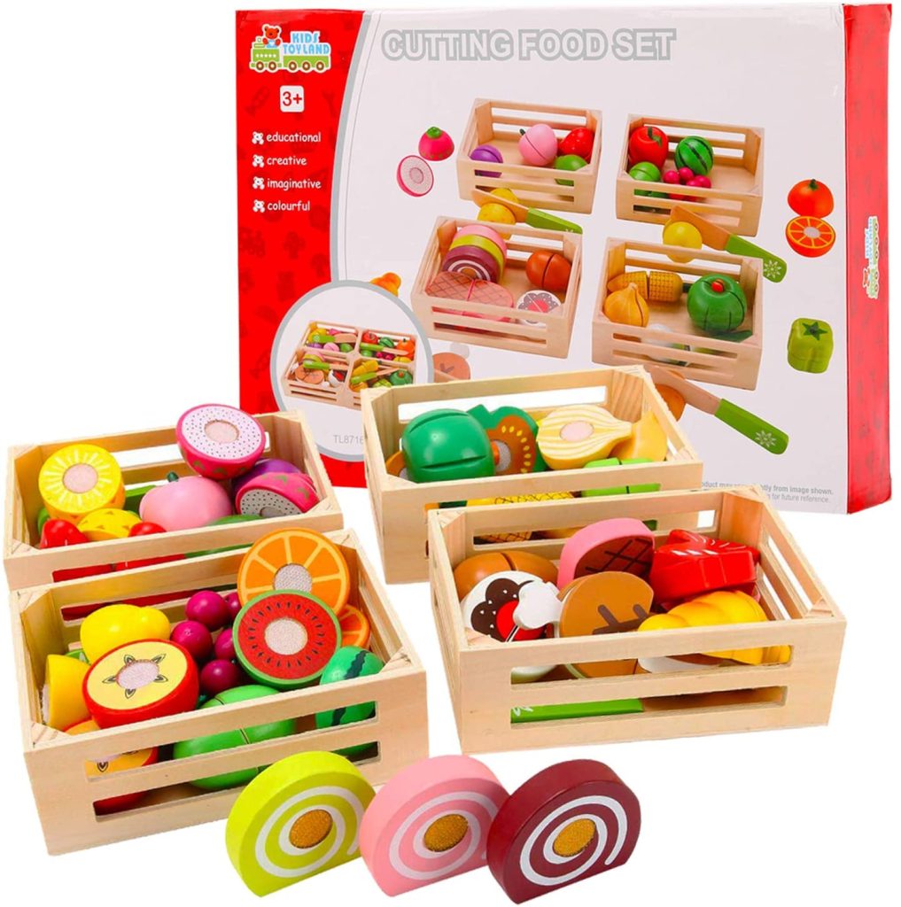 58Pcs Cutting Fruits Set Wooden Play Food, Kitchen Toys Vegetables
