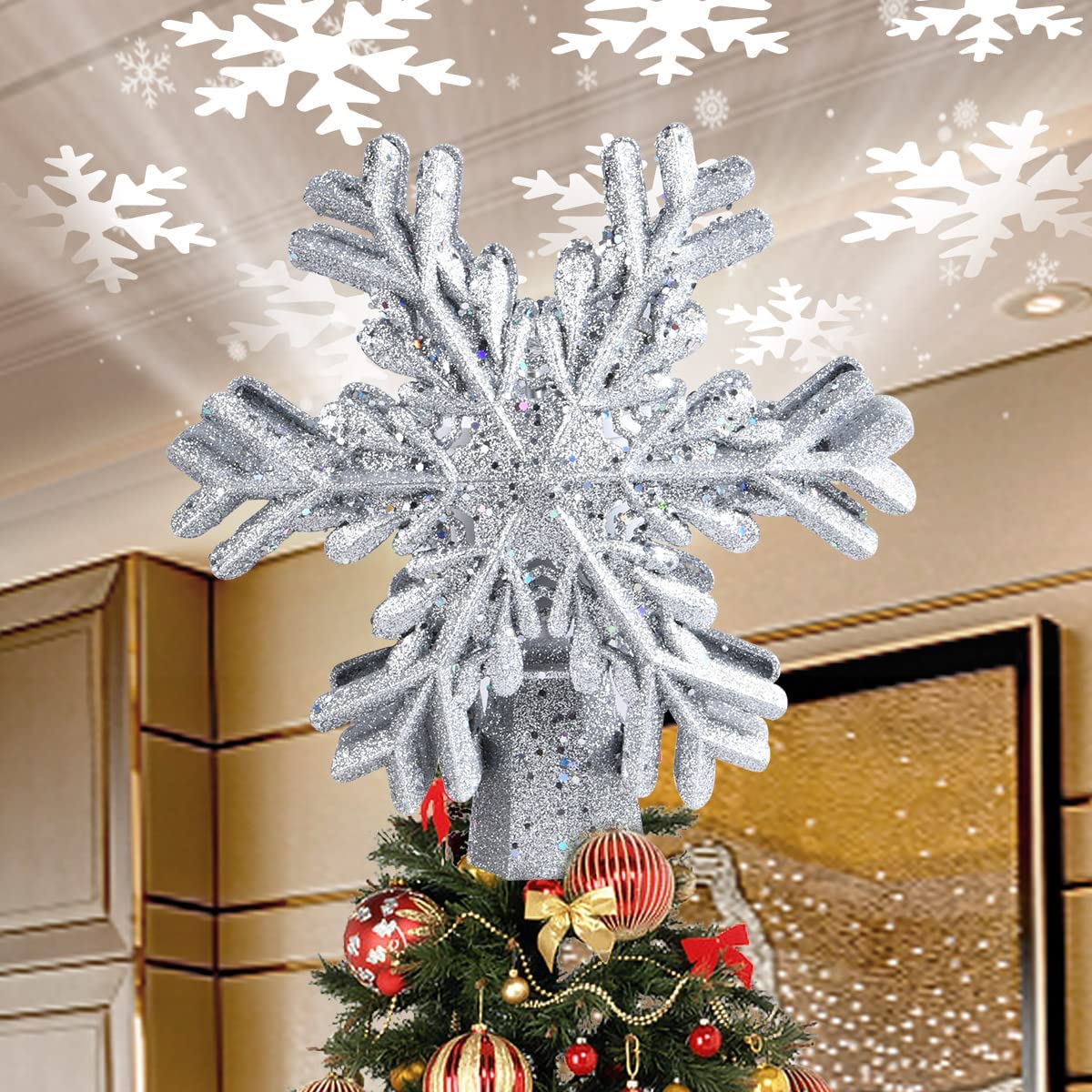 Christmas Tree Topper Lighted Star Rotating Decorations Projector 3D Glitter Red 