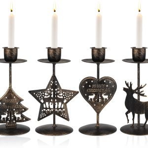 Gukasxi Lighted Christmas Table Decorations,4 Pieces Metal Pillar Candle Holders Christmas Candle Holders Centerpiece Candlestick Holders Decorative Pillar Candles Holder Display
