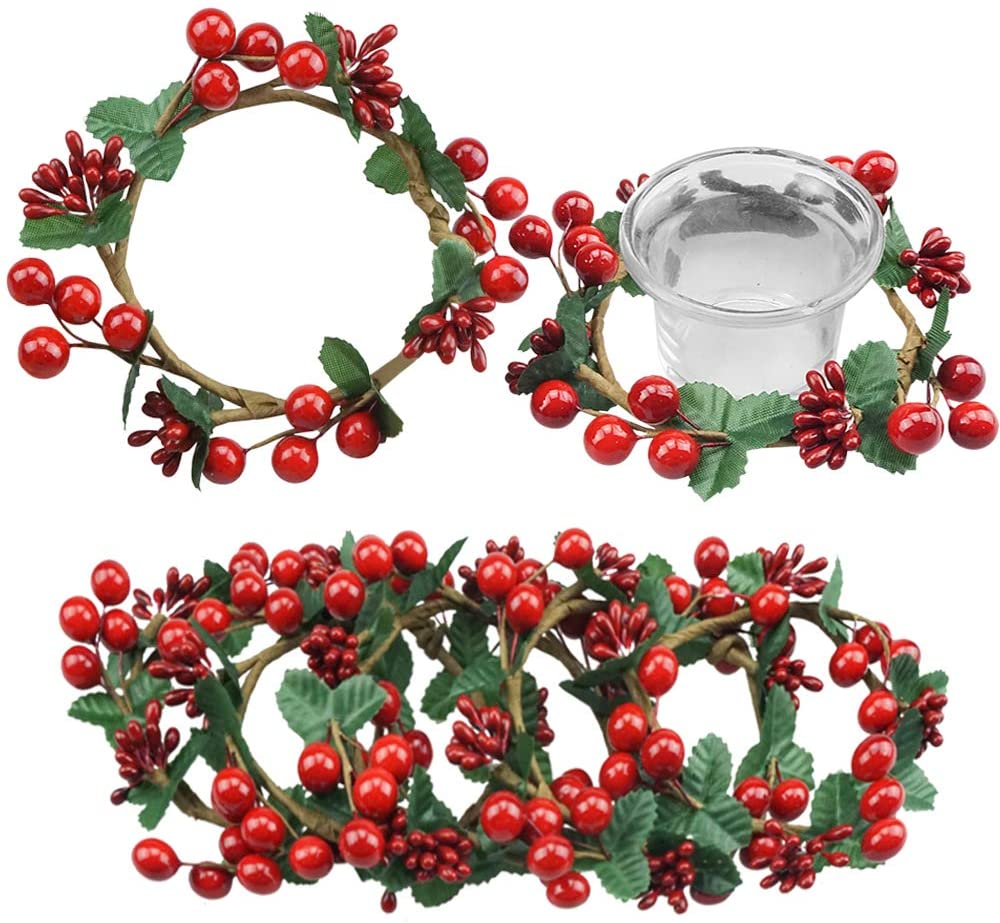 Christmas Thanksgiving Napkin Rings Cranberry Holly Berries Holiday Set of 4 