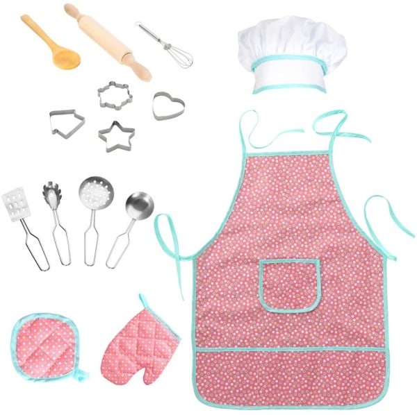 Classroom Kitchen Cooking Costume Play Set for Toddler Career Role Play Pretend Play Gift Art Painting FunsLane Waterproof Apron 15Pcs Chef Set for Kids with Chef Hat and Other Accessories 