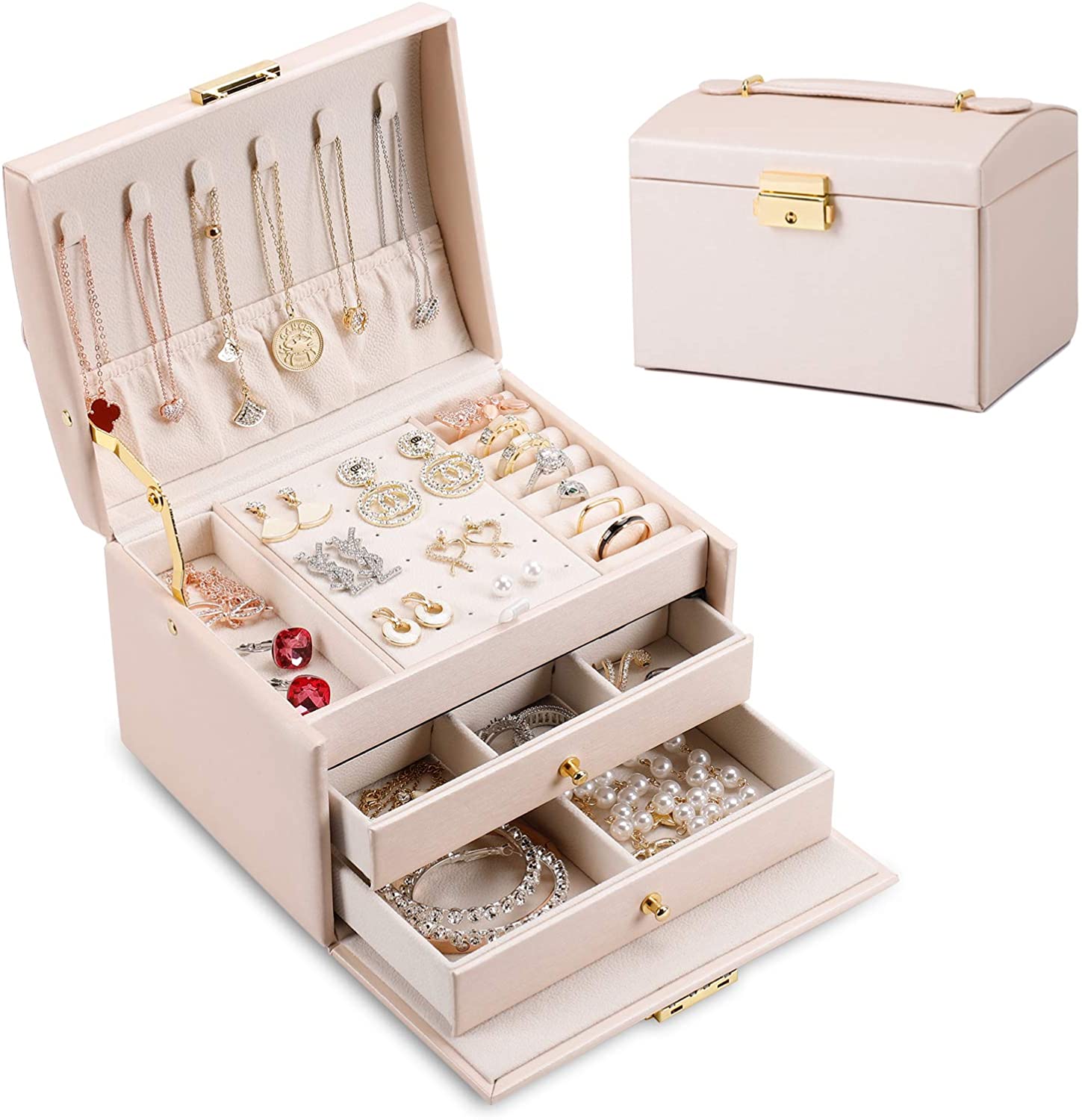 Jewellery Box Organiser Small Travel PU Leather Jewelry Storage Case Pink Jewellery Box Organiser for Women,2 Layers Removal Tray Jewelry Storage Case with Necklace Hangers 