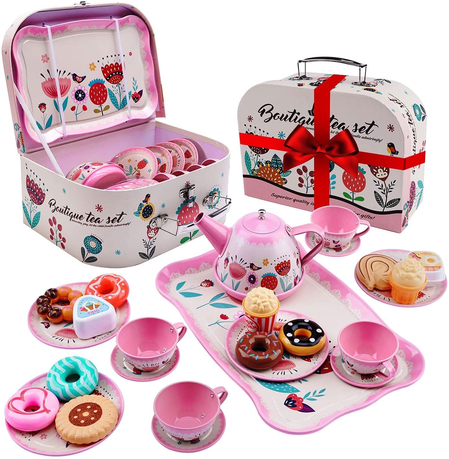 Toy Tea-Set Metal Food Teapot Cake Afternoon Kitchen Play Cups Childrens Saucers 