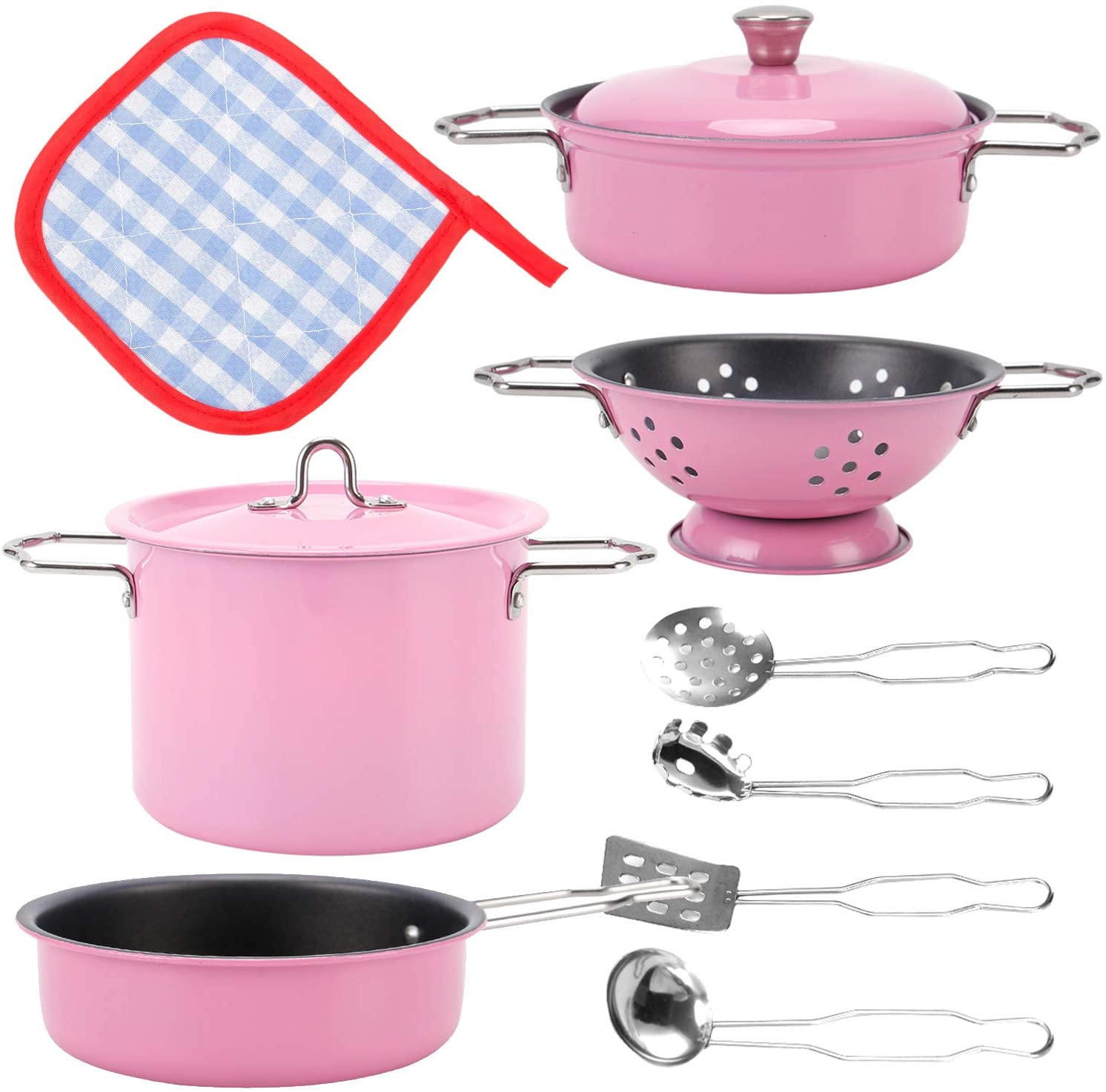 14 Pieces Liberty Imports Multicolored Stainless Steel Metal Pots and Pans Pretend Kitchen Cookware Playset for Kids with Play Utensils and Dish Rack 