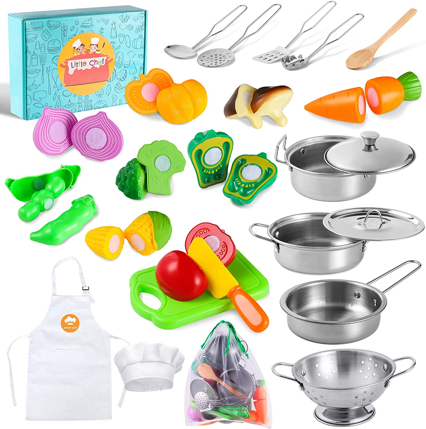 Cutting Vegetables for Kids Girls Apron & Chef Hat Juboury Kitchen Pretend Play Toys with Stainless Steel Cookware Pots and Pans Set Boys Toddlers Cooking Utensils 