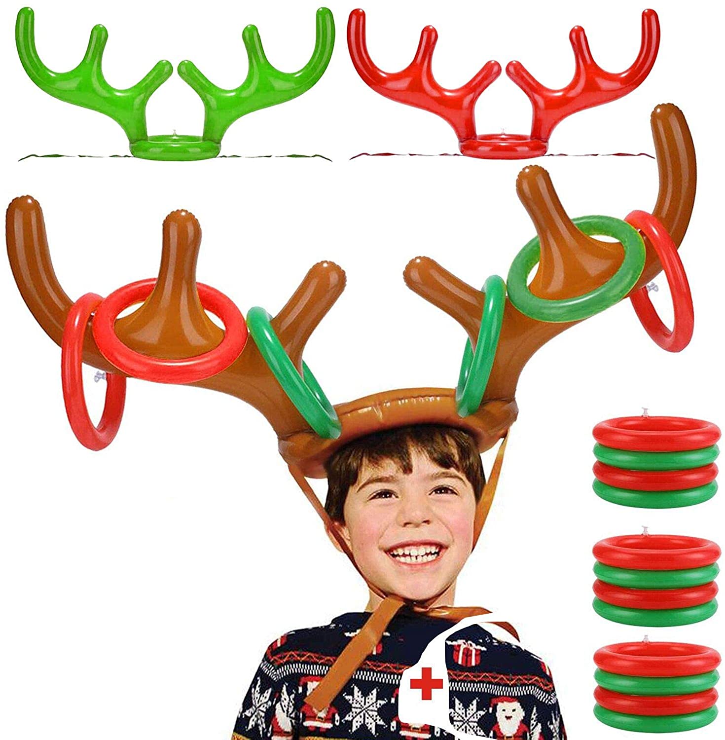 Migaven 2PCS Funny Inflatable Christmas Reindeer Antler Hat Toy Ring Toss Game Kit with 12 Rings Hand Pump for Kids Adults Xmas Party Favor Playing Game Supplies Antler Ring Toss 