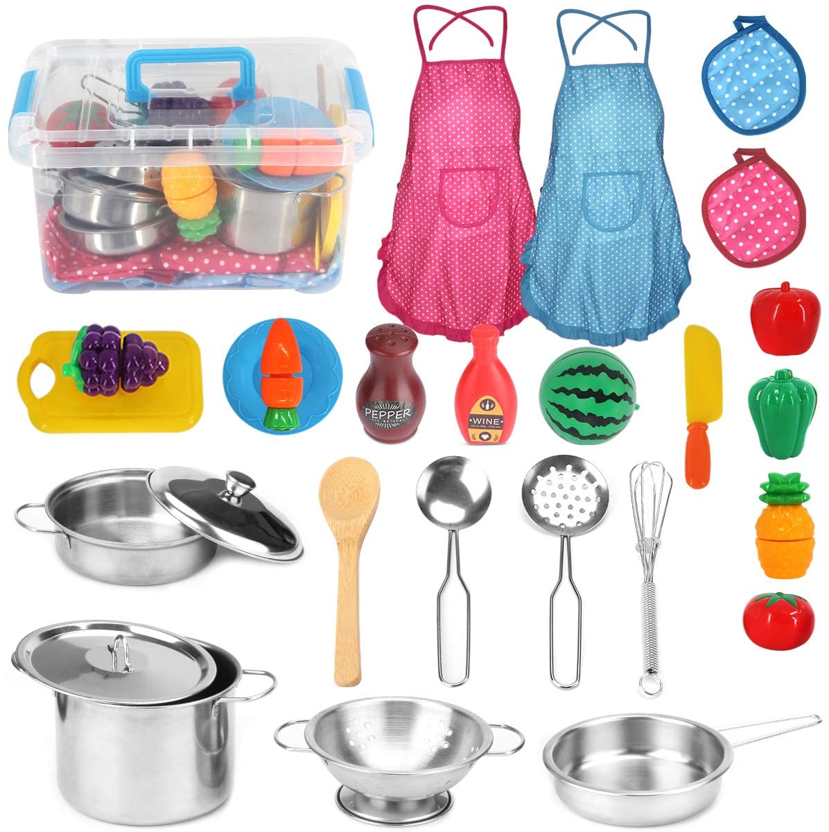Pretend Play Kitchen Toys Stainless Steel Cookware Cook Pots Pans Set Utensils 