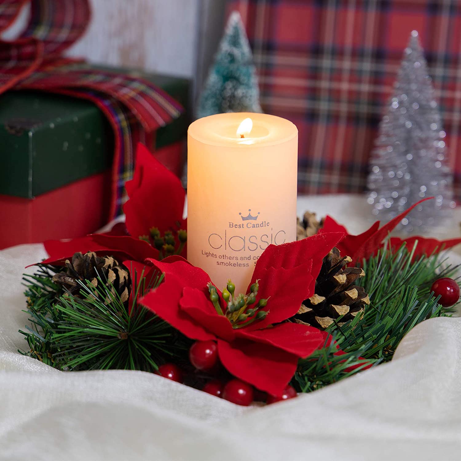 Red Poinsettia Small Candle Ring Decor Christmas Holidays Artificial Flower 