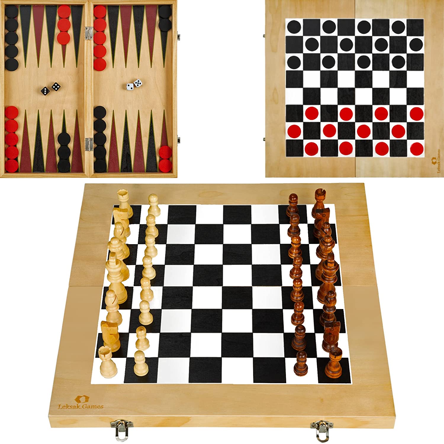 Wooden Chess Pieces Case Board Game 3 in 1 Chess Checkers Backgammon Set 