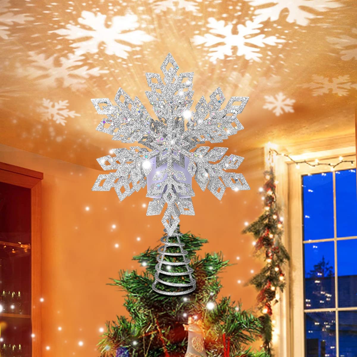 Details about   3D Glitter Rotating Snowflake Projector For Christmas Tree Topper Decor Lamp 