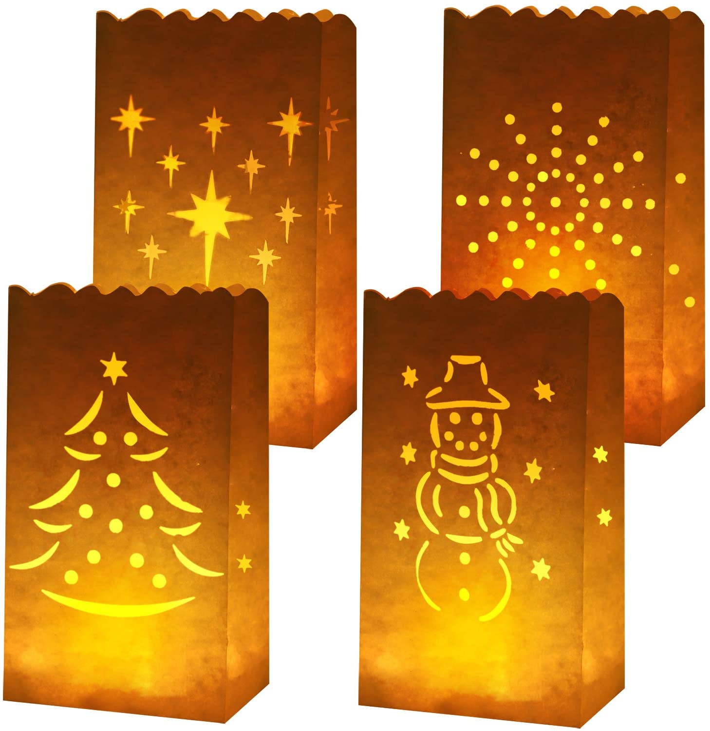 Aneco 72 Pieces Stars Design White Luminary Bags Paper Lantern Bags Flame Resistant Luminary Bags Tealight Candle Holders for Home Outdoor Christmas Party Decoration 