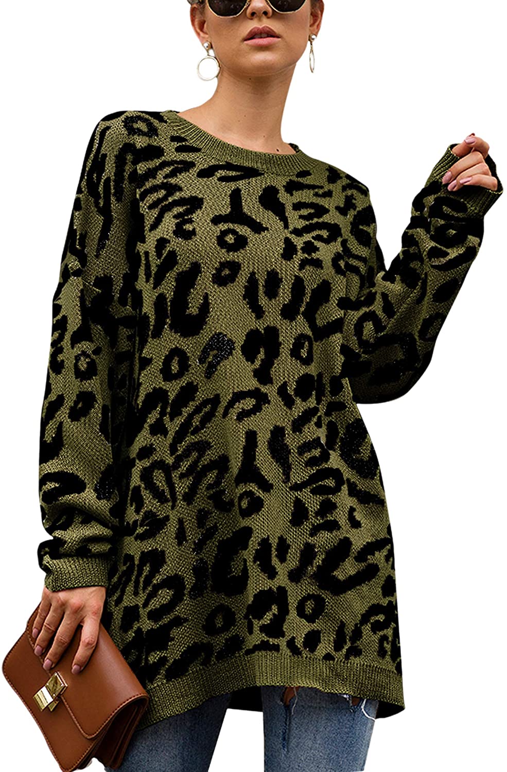 Odosalii Womens Causal Leopard Print Tunics Crew Neck Camo Sweatshirts Long Sleeve Jumpers Pullover Tunic Tops 