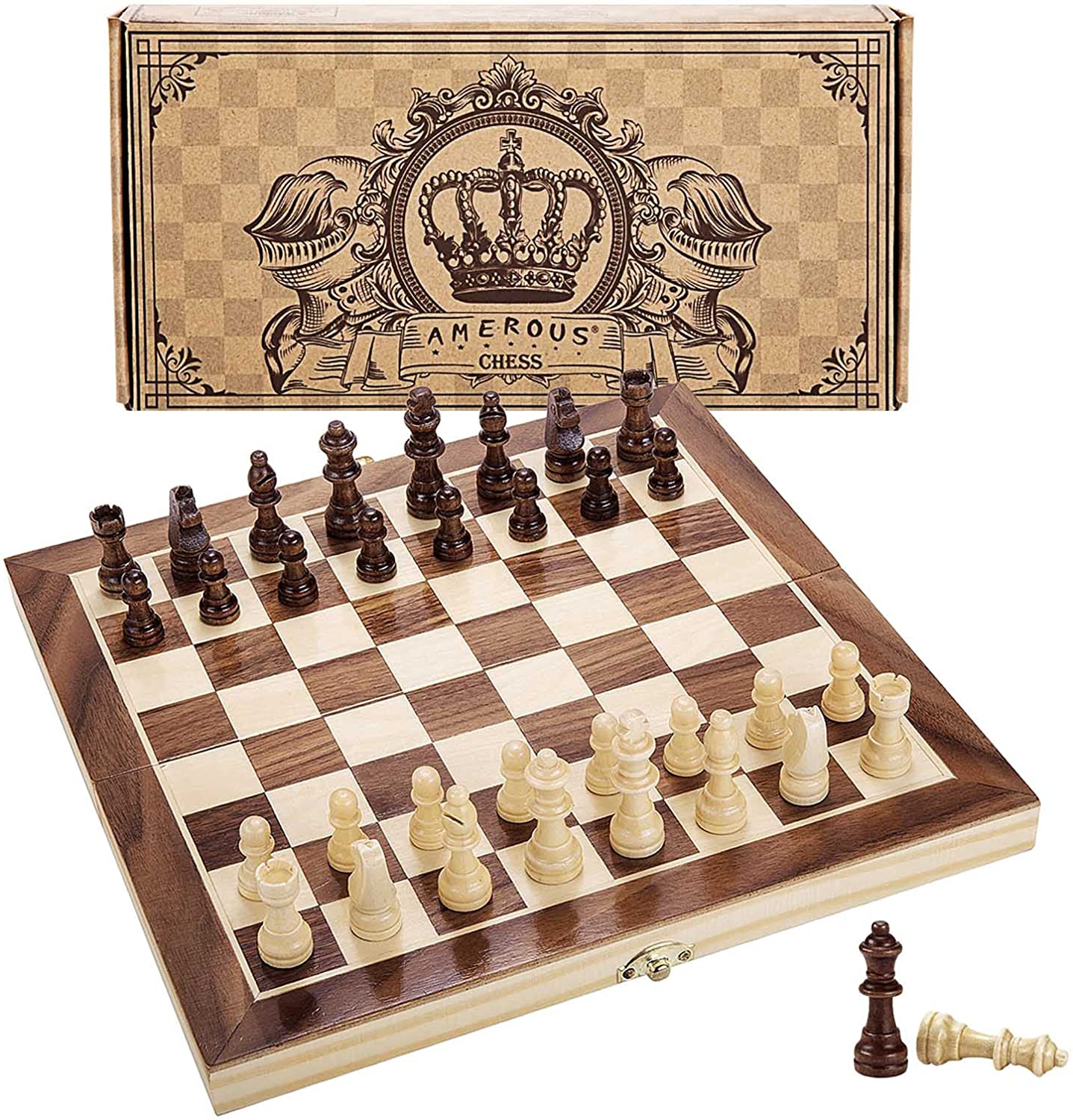 Folding Wood Magnetic Chess Board with Extra 2 Queens Storage Box Toys 