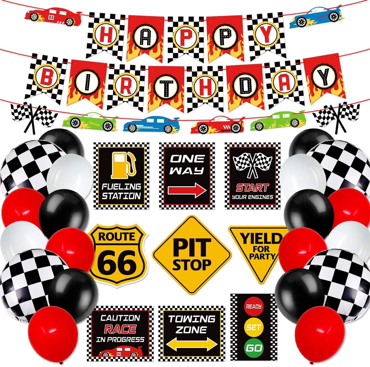 WERNNSAI Checkered Racing Party Decorations 10PCS Funny Race Car Signs for Boys Paper Road Route Traffic Directions Cutout Signs Party Supplies 