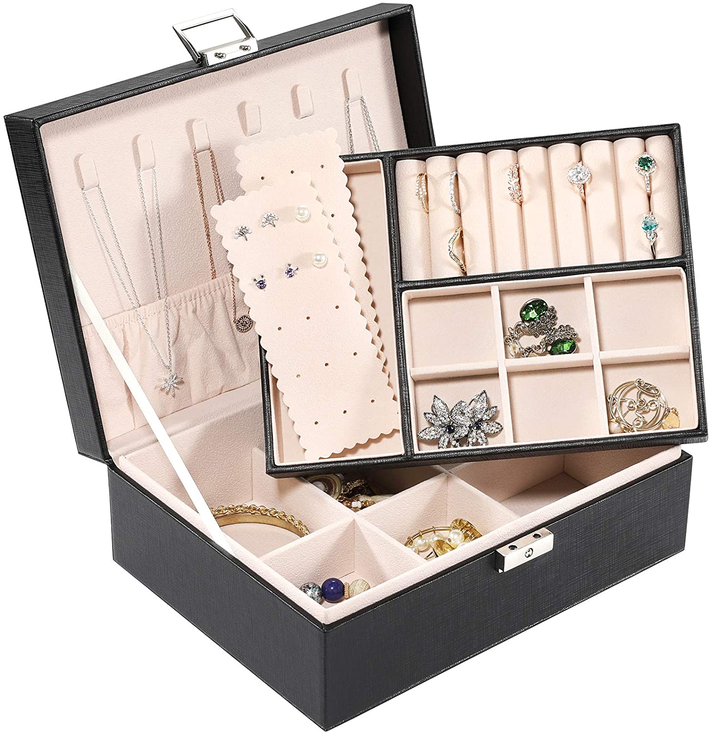 Double Layer PU Leather Jewelry Box Organizer Case Large Storage Necklace Box