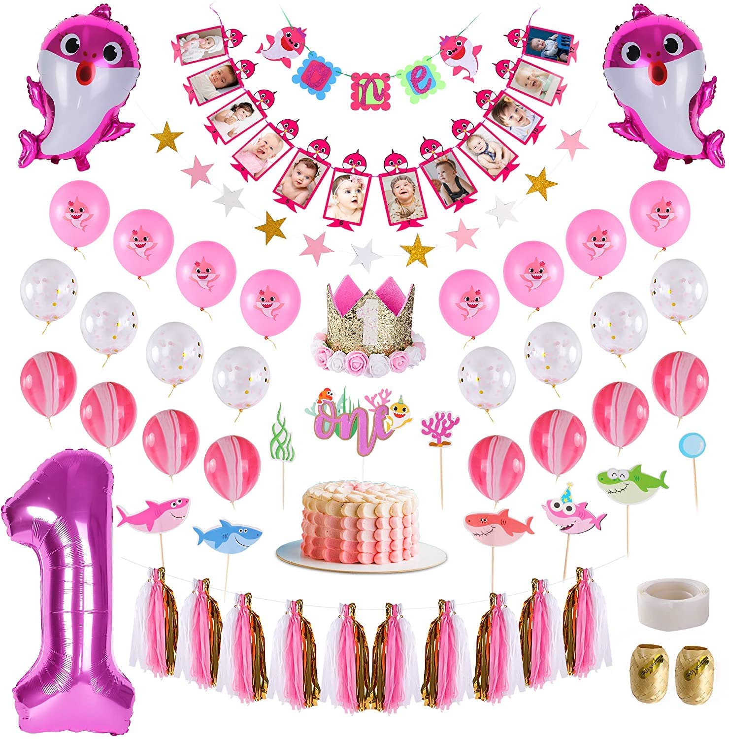 Baby Shark 1st Birthday Decorations For Girl With Crownpink Baby Shark 12 Photo Banner Highchair One Paper Tassel Garland Shark One Toppercake Cupcake Foil Pink Baby Shark Number 1 Balloons Marble Confetti