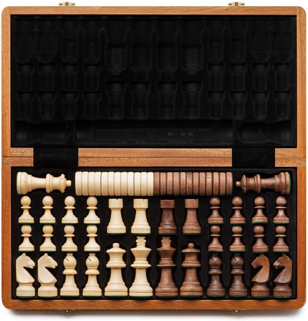 2 Bonus Queen/German Knight Staunton Wooden Chessmen/Walnut Box w/Walnut & Maple Inlay Classic Board Game A&A 15 Folding Wooden Chess & Checkers Set w/ 3 King Height Chess Pieces 