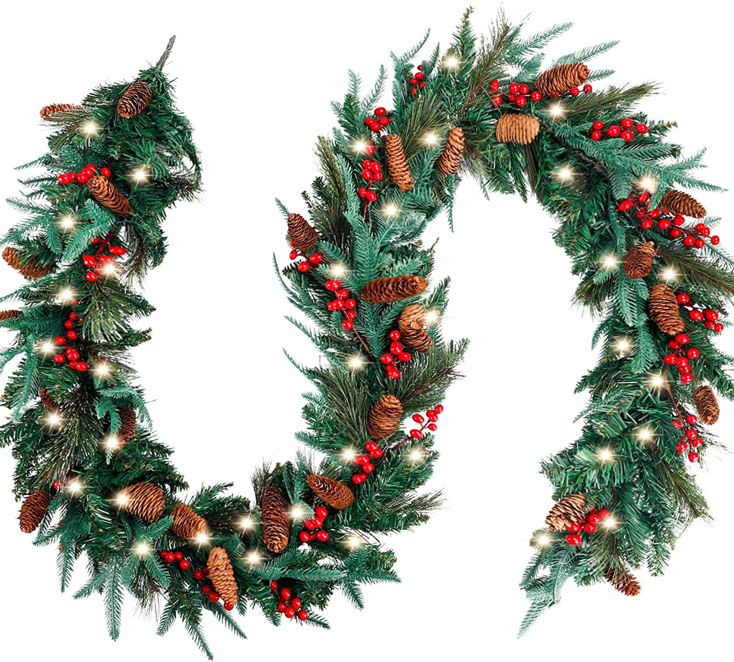 FUNARTY 9 Feet by 12 Inch Christmas Garland for Mantle with 50 Lights Un-prelit Garlands for Christmas with Pinecones Red Berries for Winter Holiday Home Decor 