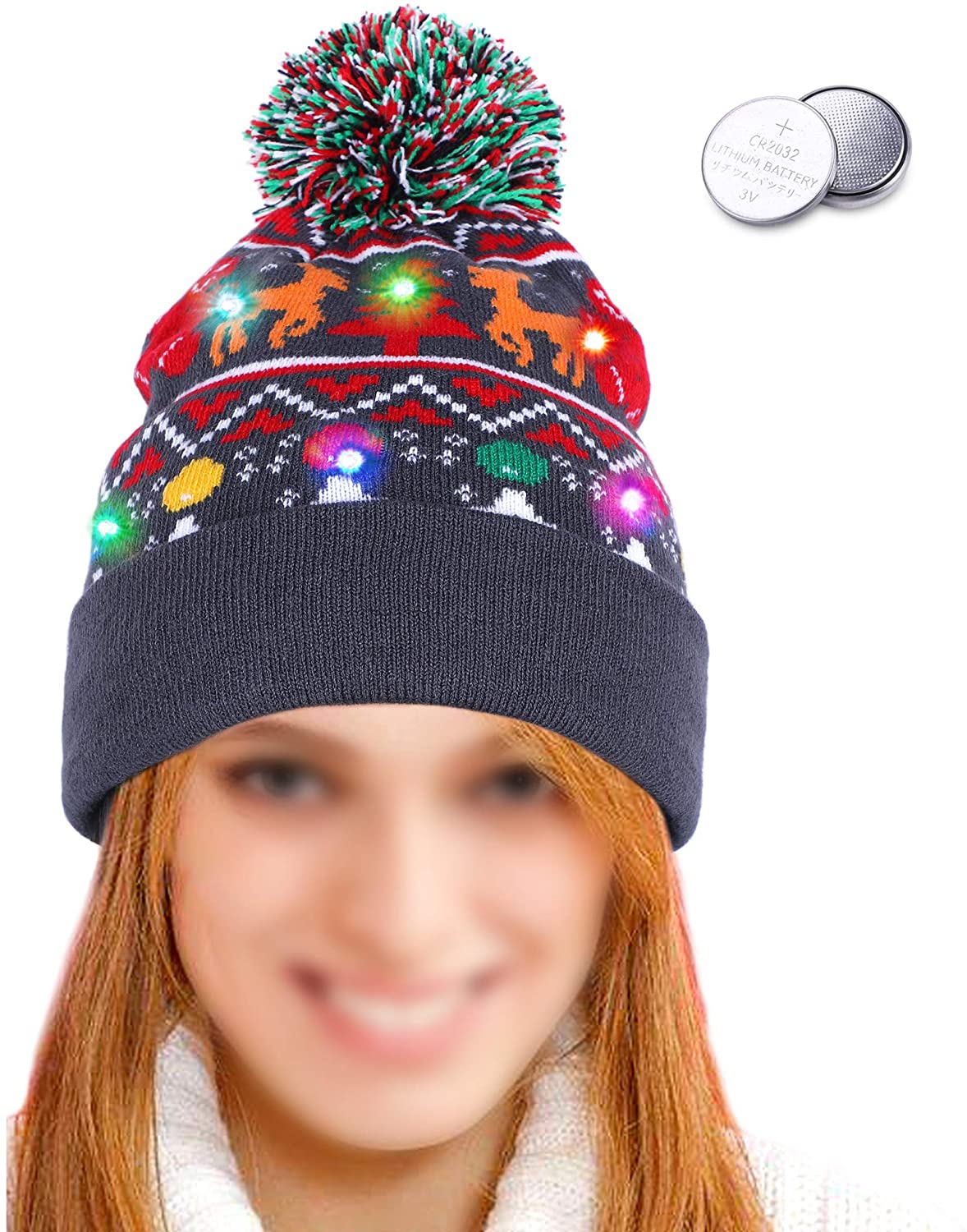 LED Christmas Hat Knitted Beanie Kids Winter Pom Pom Flashing Light Up Xmas Caps 