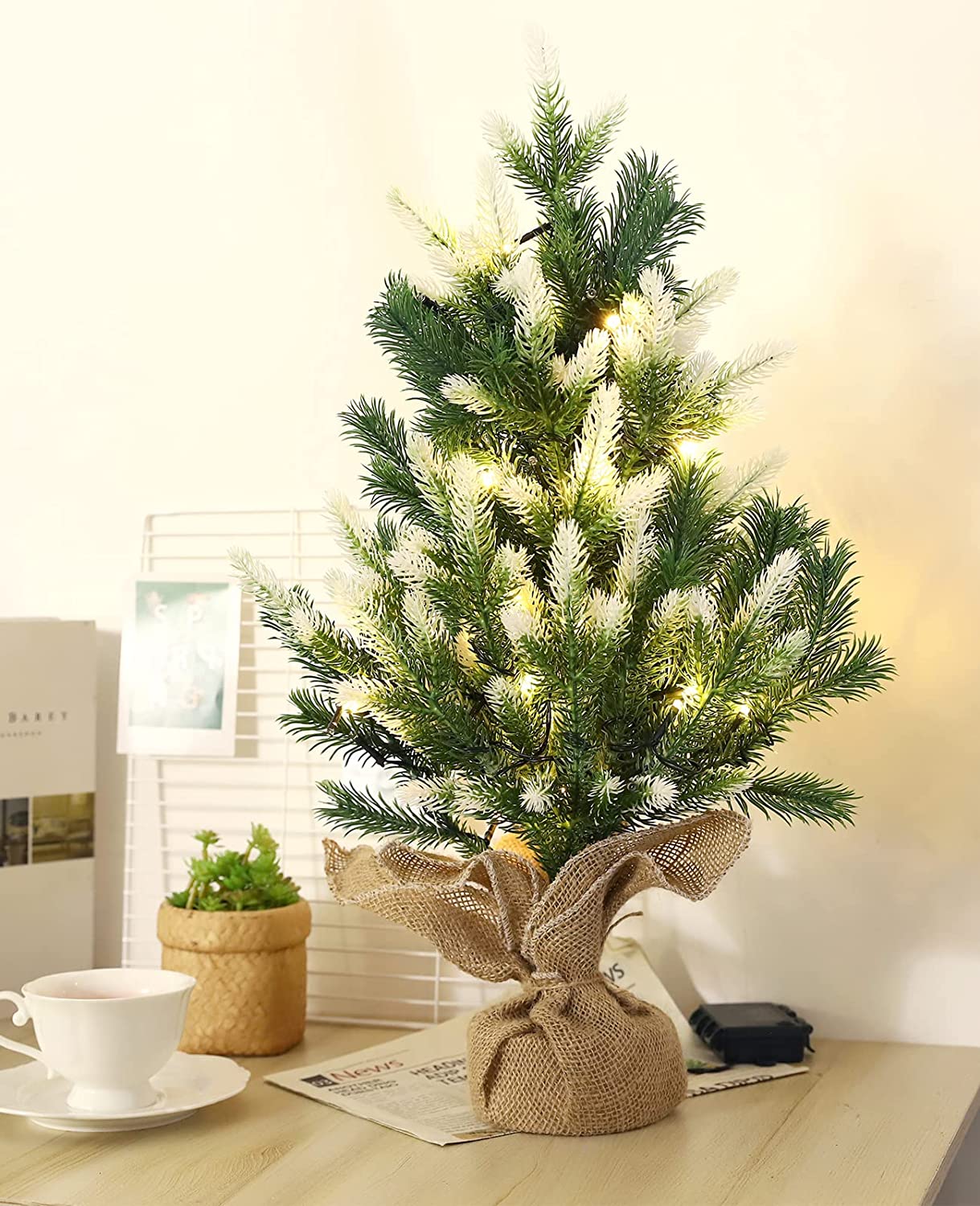 Mini Christmas Tree Small Pine Tree W/ Wooden Bases for Xmas Home Tabletop Decor 