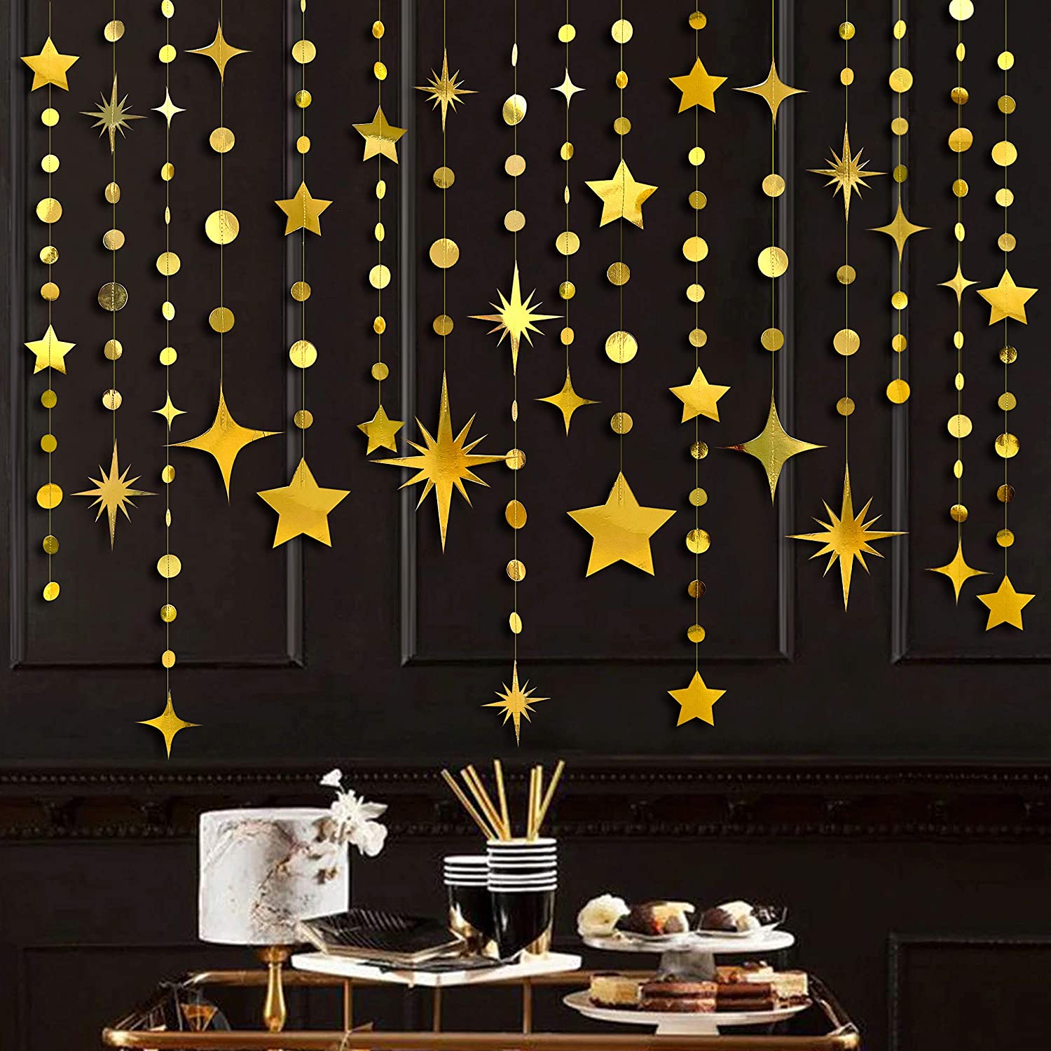 4 Pack Twinkle Gold Star Garland Glitter Paper Circle Dots StreamerHanging Star Banner Party Decorations for Birthday Wedding Supplies Home Decor 