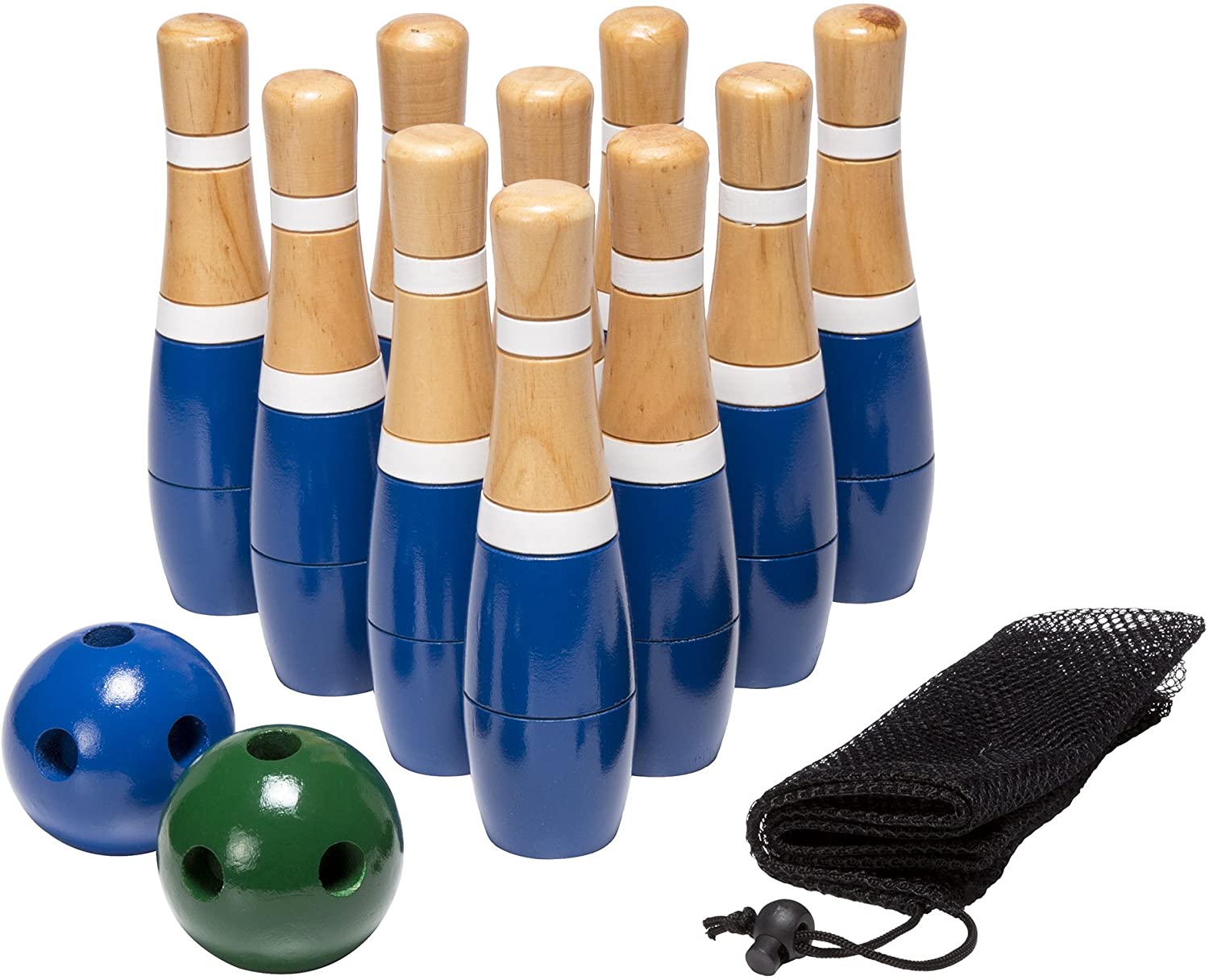 8 Inch Renewed Play! Adults 2 Balls and Mesh Bag Set by Hey Lawn Bowling Game/Skittle Ball- Indoor and Outdoor Fun for Toddlers 10 Wooden Pins Kids 