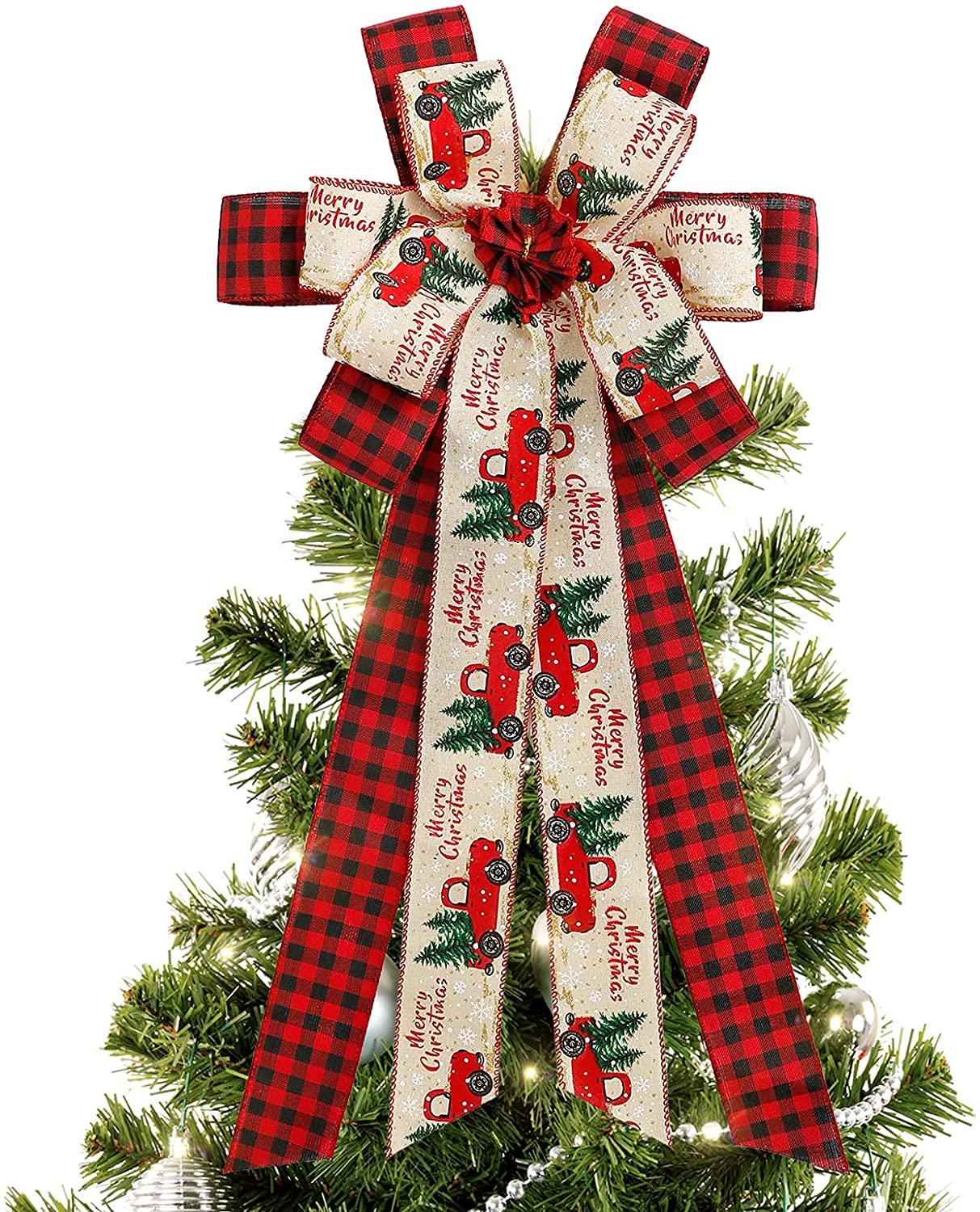 KHOYIME Christmas Tree Topper Xmas Bow Buffalo Plaid Red Black Burlap Christmas Decorations Party Room Decor Wreath Fireplace Hanging Ornaments red 1