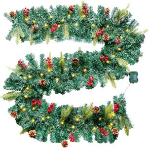 9FT 50LED Light Home Garden Tree Garland Pine Pre-Lit Artificial Wreath Decor