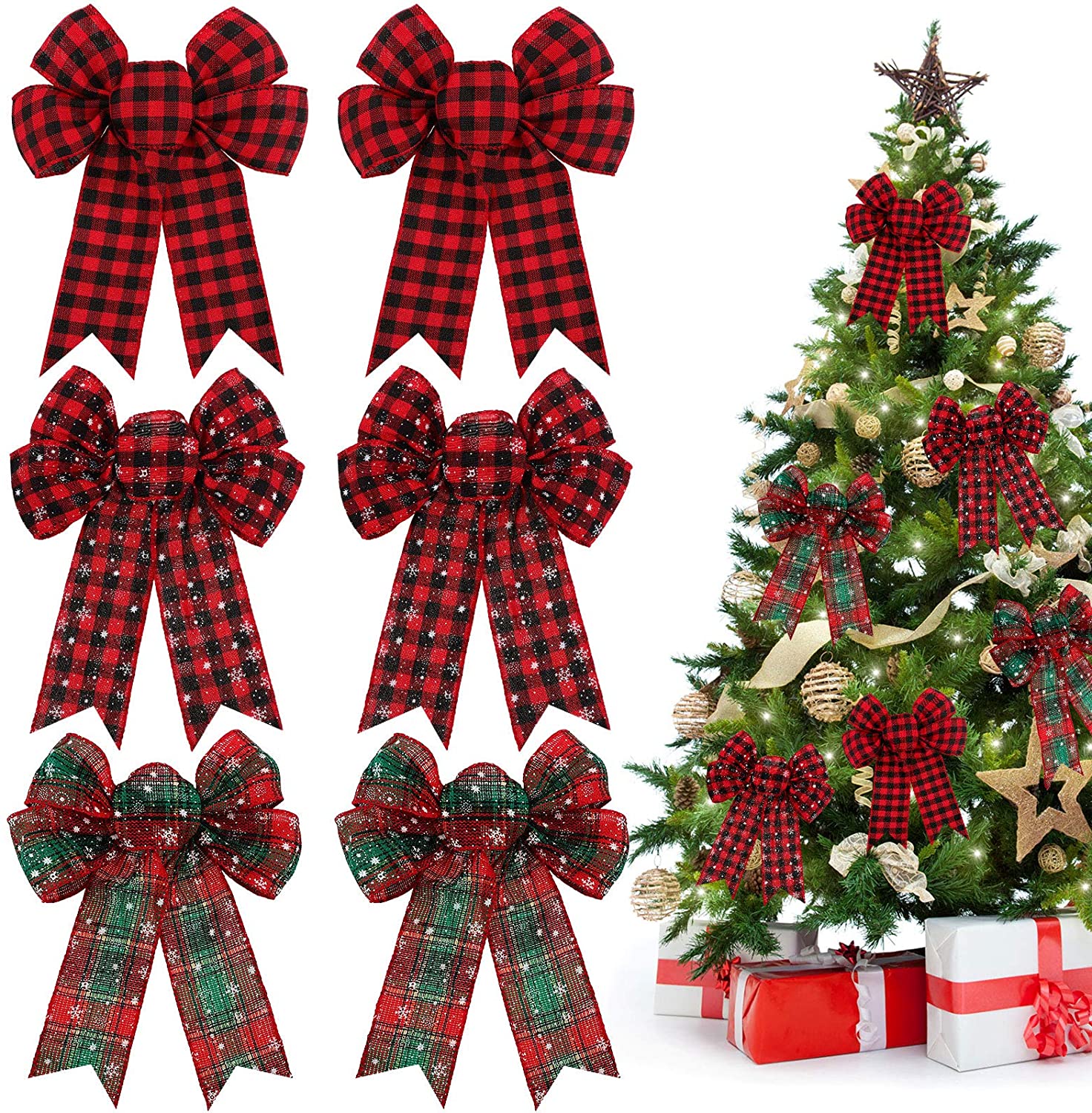 WILLBOND 12 Pieces Red Christmas Bows Ornament PVC Xmas Tree Wreaths Bows Snowflake Bows Decorations Christmas Holiday Party Patterns for Indoor Outdoor Decorations