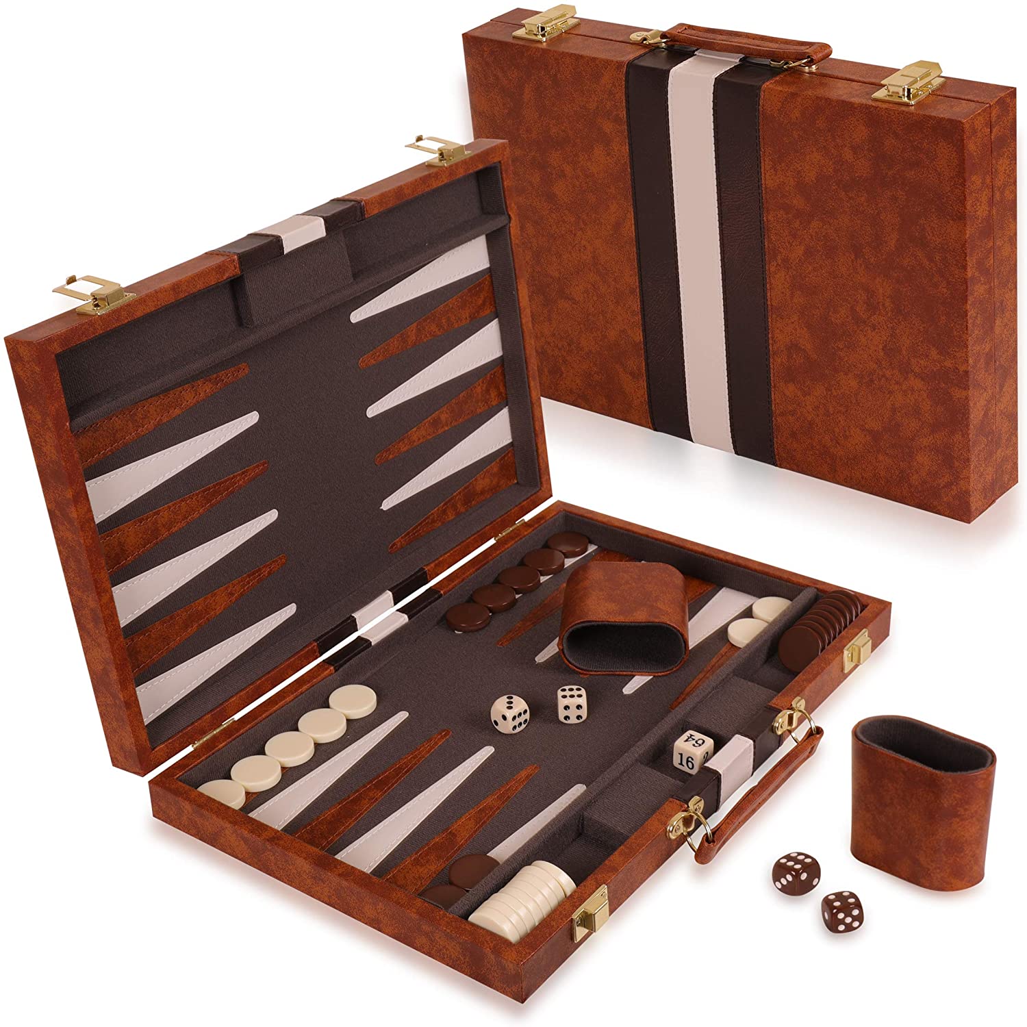 Backgammon Set 15 Inches Classic Board Game with Leather Case Folding 