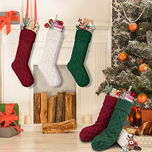 TREA2SURE 2020 New Set of 3 Christmas Stockings 18 inches Large Rustic Knit Stockings with Pom Pom Fireplace Hanging Ornament for Family Holiday Xmas Party Season Decorations 