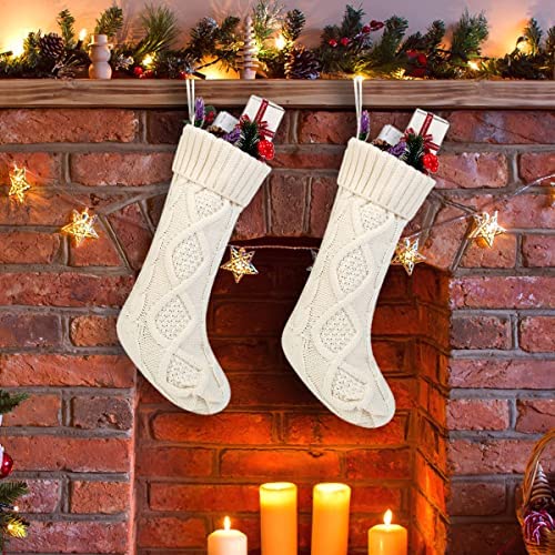 Set of 2 Free Yoka Cable Knit Christmas Stockings Kits Solid Color White Ivory Classic Decorations 18