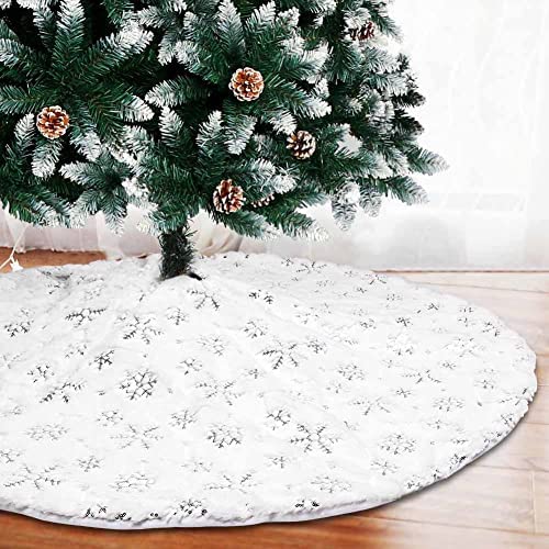 Large White Tree Skirt Faux Fur Xmas Tree Skirts with Silver Sequin Snowflakes AerWo Christmas Tree Skirt 48 Inch Christmas Tree Decorations Ornaments for Party Holiday Home Decor Indoor Outdoor