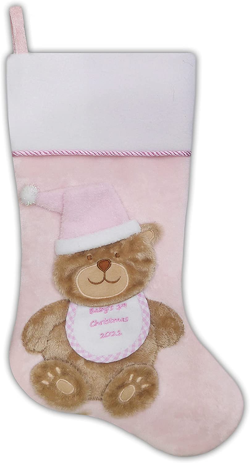 Christmas Tree Stocking My First Christmas Baby Girl Pink Plush Bear. 