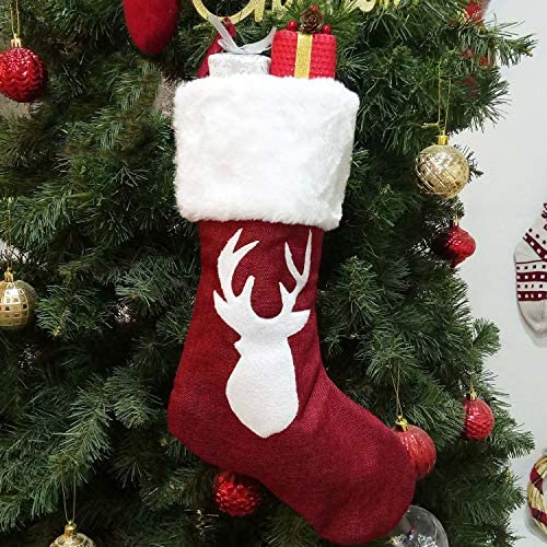 Classic Reindeer Xmas Cuff Stockings 18 inches Deer Stocking Burlap with Large Plush Cuff Stockings,Christmas stockings Storage for Treats and Gifts Large Christmas Stockings 4PCS