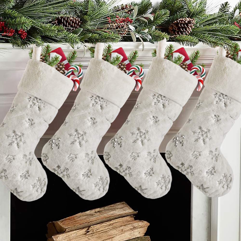 GRAY Christmas Stocking WHITE SNOWFLAKES Country Cottage Rustic 20" x 12" Cotton 