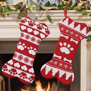 Pet Dog Christmas Stockings Large Bone Shape Knit Christmas Stocking Xmas Decor 