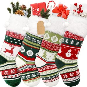 NEW Christmas White Knitted Sock Pom Pom Traditional Hanging Tree Decoration 