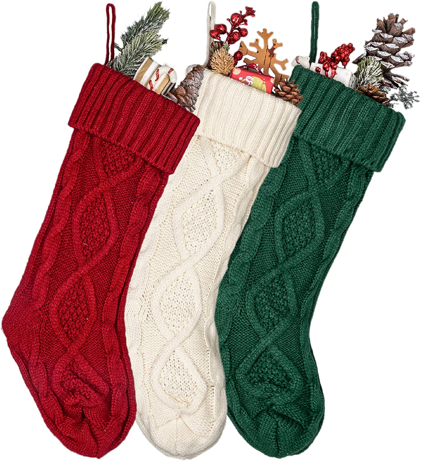 Set of 3 ABSOFINE Christmas Knit Stockings 18 inch Large Stocking Christmas Hanging Decorations White Red Green for Home Xmas Holiday Decorations 