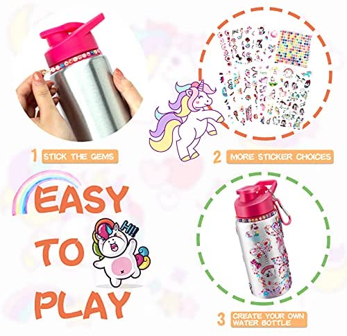 Art & Crafts Kits Unicorn Gifts for Girls Water Bottle 17 OZ Unicorn Stickers Decorate & Personalize Your Own Water Bottles with Gem Stickers 